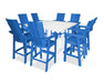 POLYWOOD Modern Curveback Adirondack 9-Piece Farmhouse Trestle Bar Set in Pacific Blue / White image