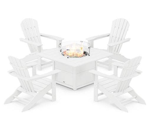 POLYWOOD Palm Coast 5-Piece Adirondack Chair Conversation Set with Fire Pit Table in White image