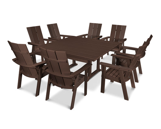 POLYWOOD Modern Curveback Adirondack 9-Piece Farmhouse Trestle Dining Set in Mahogany image