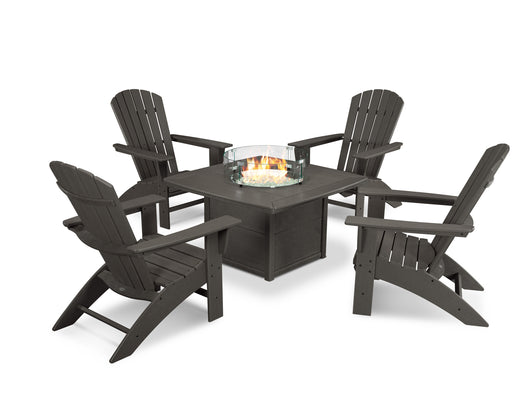 POLYWOOD Nautical Curveback Adirondack 5-Piece Conversation Set with Fire Table in Vintage Coffee image