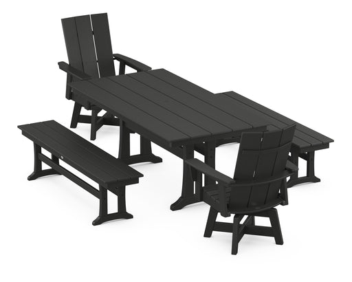 POLYWOOD Modern Curveback Adirondack Swivel Chair 5-Piece Farmhouse Dining Set With Trestle Legs and Benches in Black image