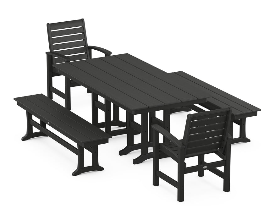 POLYWOOD Signature 5-Piece Farmhouse Dining Set with Benches in Black image