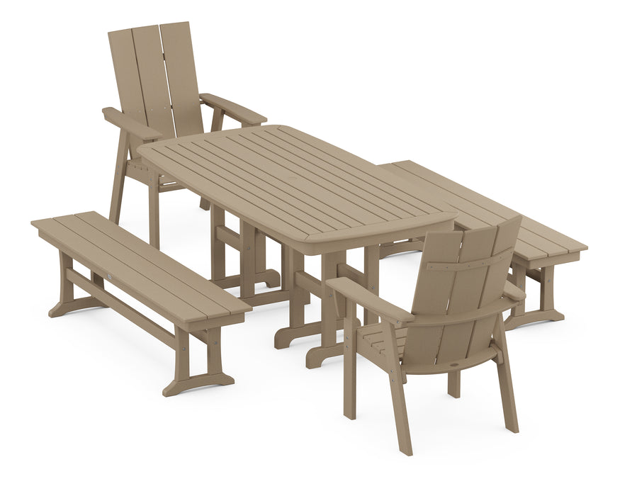 POLYWOOD Modern Curveback Adirondack 5-Piece Dining Set with Benches in Vintage Sahara