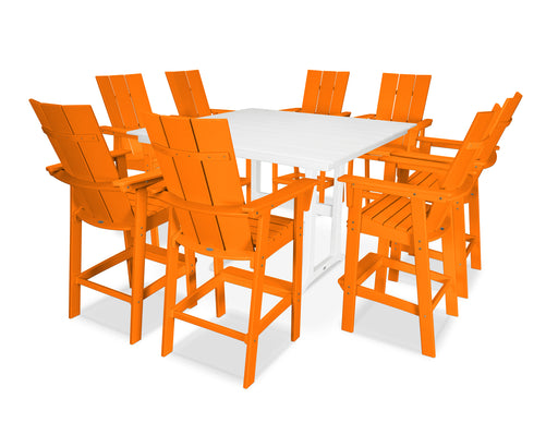 POLYWOOD Modern Curveback Adirondack 9-Piece Farmhouse Trestle Bar Set in Tangerine / White image