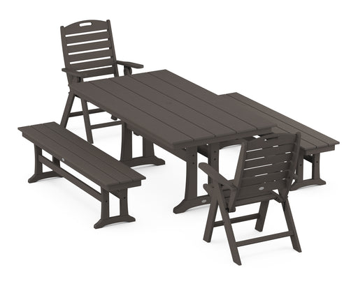 POLYWOOD Nautical Highback Chair 5-Piece Farmhouse Dining Set With Trestle Legs and Benches in Vintage Coffee image
