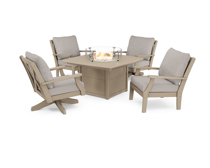 POLYWOOD Braxton 5-Piece Deep Seating Set with Fire Table in Vintage Sahara / Weathered Tweed