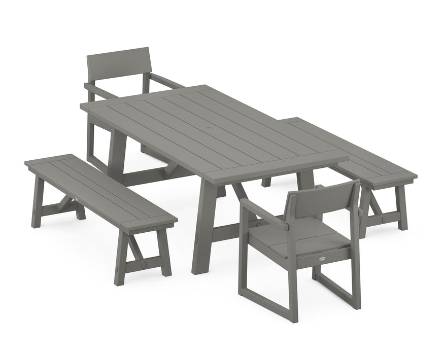 POLYWOOD EDGE 5-Piece Rustic Farmhouse Dining Set With Benches in Slate Grey