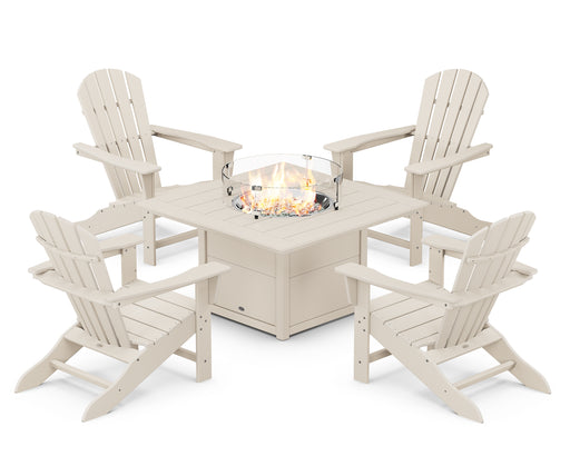 POLYWOOD Palm Coast 5-Piece Adirondack Chair Conversation Set with Fire Pit Table in Sand image