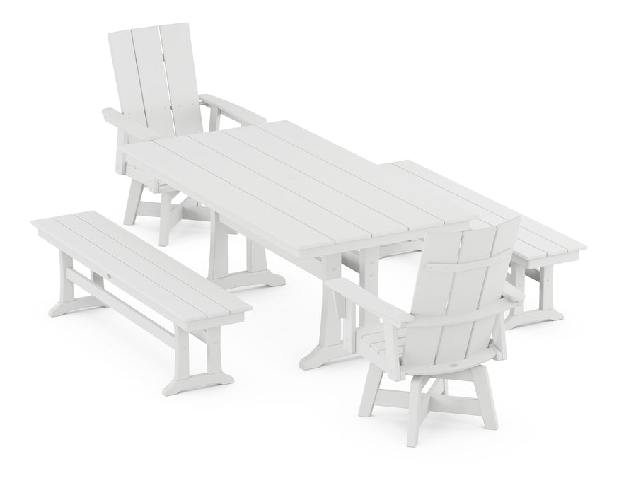 POLYWOOD Modern Curveback Adirondack Swivel Chair 5-Piece Farmhouse Dining Set With Trestle Legs and Benches in White image