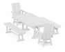POLYWOOD Modern Curveback Adirondack Swivel Chair 5-Piece Farmhouse Dining Set With Trestle Legs and Benches in White image