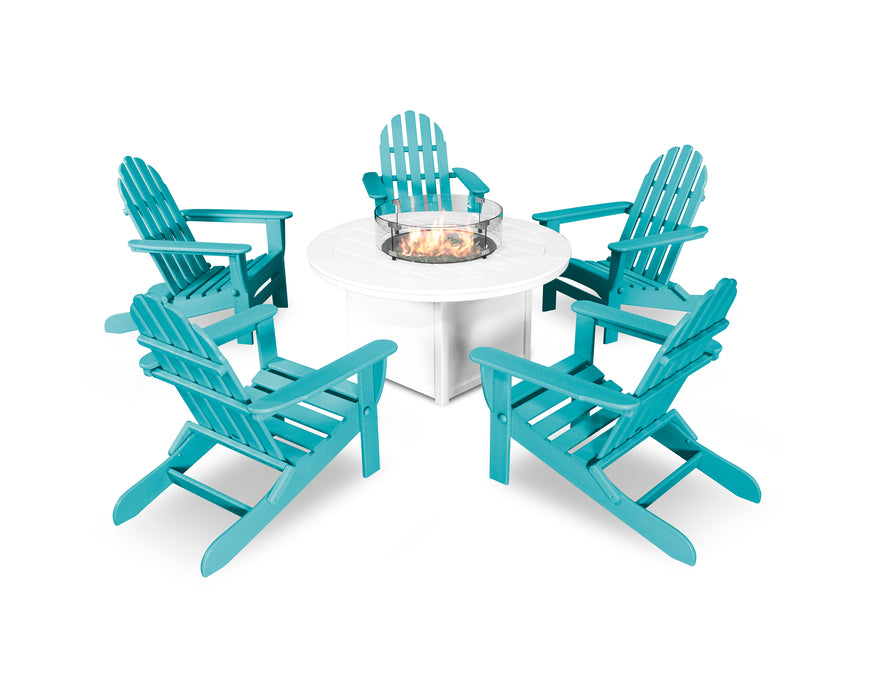 POLYWOOD Classic Folding Adirondack 6-Piece Conversation Set with Fire Pit Table in Aruba / White image