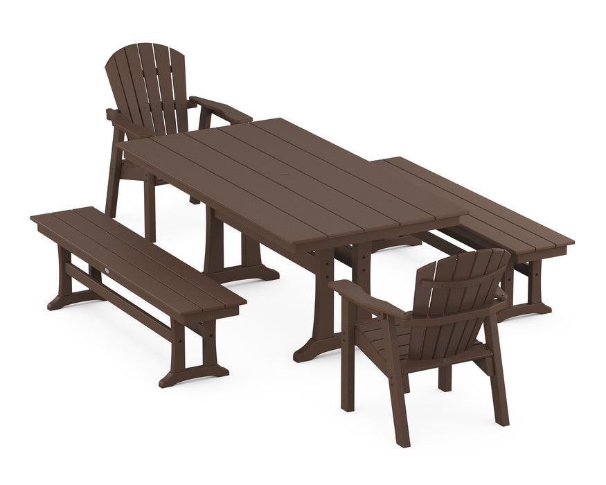 POLYWOOD Seashell 5-Piece Farmhouse Dining Set With Trestle Legs in Mahogany