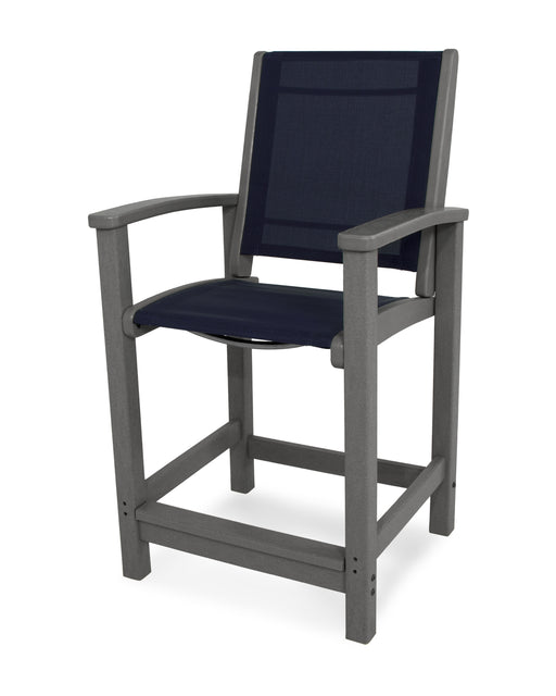 POLYWOOD Coastal Counter Chair in Slate Grey / Navy Blue Sling image