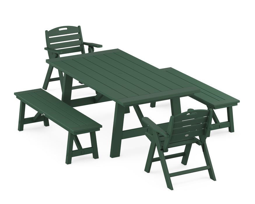 POLYWOOD Nautical Lowback Chair 5-Piece Rustic Farmhouse Dining Set With Benches in Green