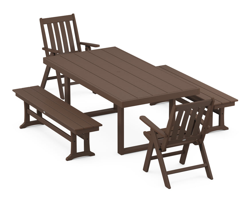 POLYWOOD Vineyard Folding Chair 5-Piece Dining Set with Benches in Mahogany