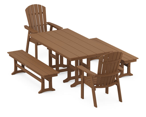 POLYWOOD Nautical Curveback Adirondack 5-Piece Farmhouse Dining Set with Benches in Teak image