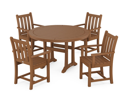 POLYWOOD Traditional Garden 5-Piece Round Dining Set with Trestle Legs in Teak image