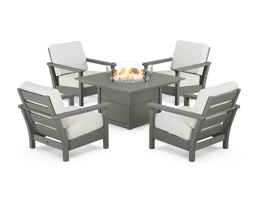 POLYWOOD Harbour 5-Piece Conversation Set with Fire Pit Table in Slate Grey / Natural Linen image