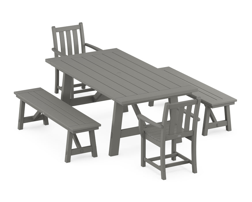 POLYWOOD Traditional Garden 5-Piece Rustic Farmhouse Dining Set With Benches in Slate Grey image