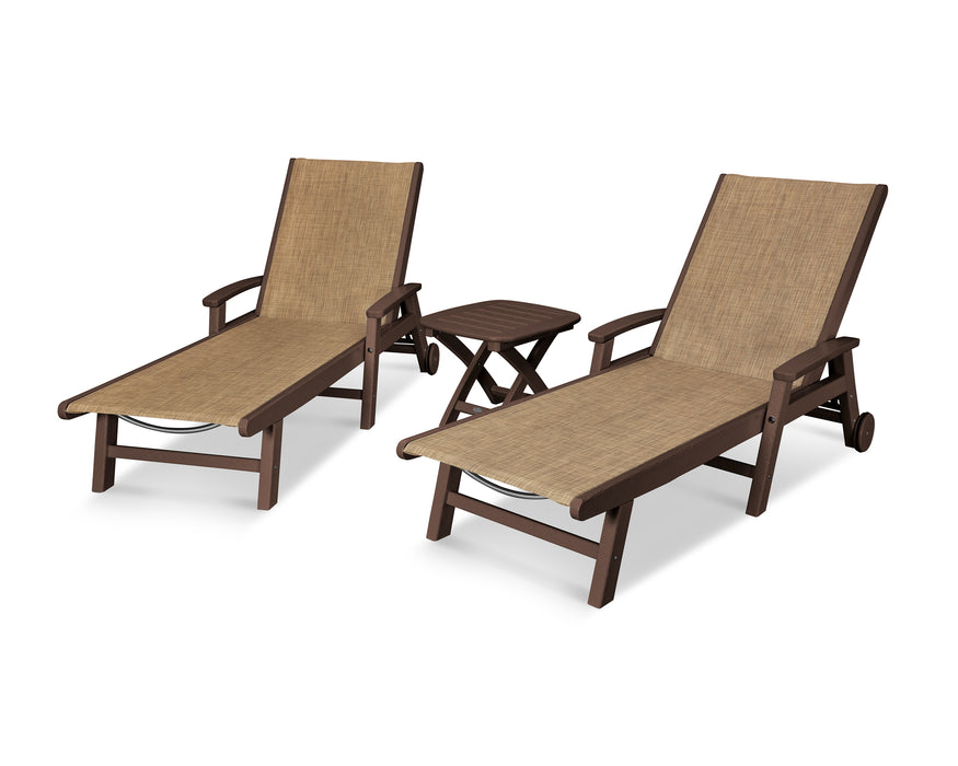 POLYWOOD Coastal 3-Piece Wheeled Chaise Set in Mahogany / Burlap Sling