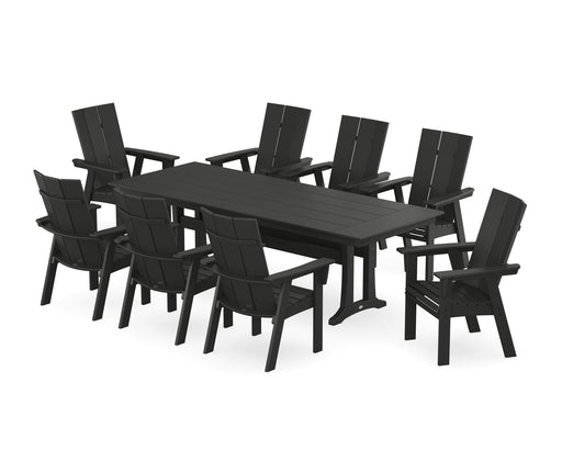 POLYWOOD Modern Curveback Adirondack 9-Piece Farmhouse Dining Set with Trestle Legs in Black image