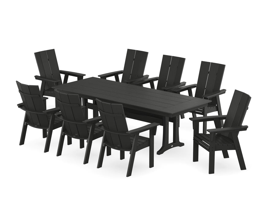 POLYWOOD Modern Curveback Adirondack 9-Piece Farmhouse Dining Set with Trestle Legs in Black