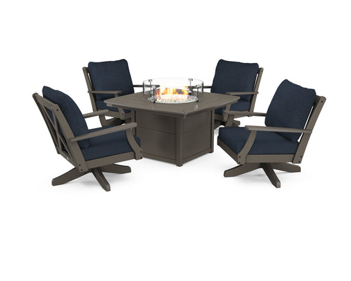 POLYWOOD Braxton 5-Piece Deep Seating Swivel Conversation Set with Fire Pit Table in Vintage Coffee / Marine Indigo image