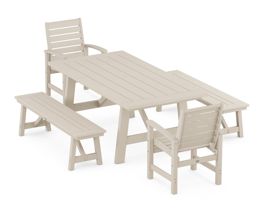 POLYWOOD Signature 5-Piece Rustic Farmhouse Dining Set With Benches in Sand image