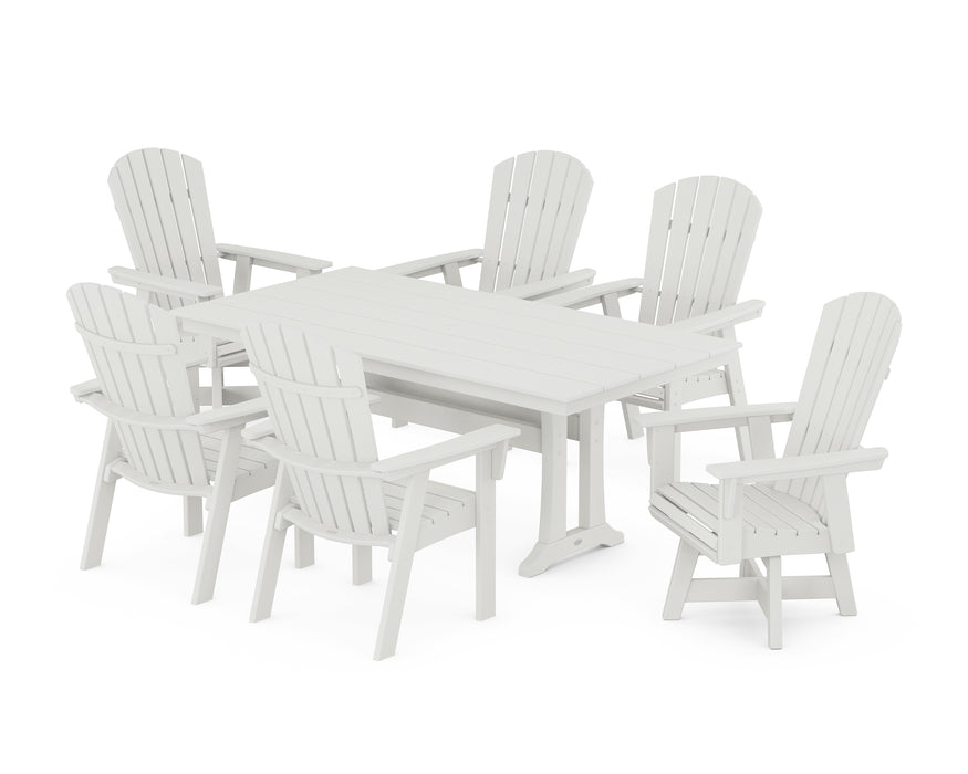 POLYWOOD Nautical Curveback Adirondack Swivel Chair 7-Piece Farmhouse Dining Set With Trestle Legs in Vintage White