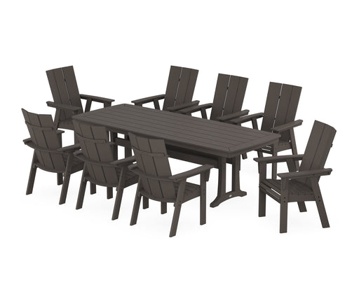 POLYWOOD Modern Curveback Adirondack 9-Piece Dining Set with Trestle Legs in Vintage Coffee image