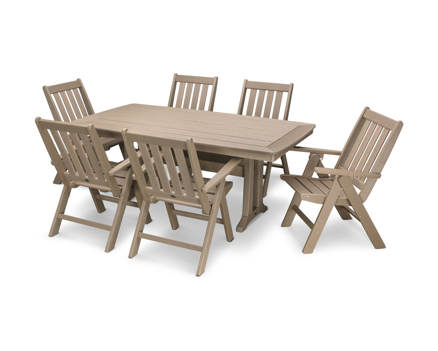 POLYWOOD Vineyard Folding Chair 7-Piece Nautical Dining Set with Trestle Legs in Vintage Sahara