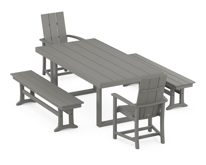 POLYWOOD Modern Adirondack 5-Piece Dining Set with Benches in Slate Grey image