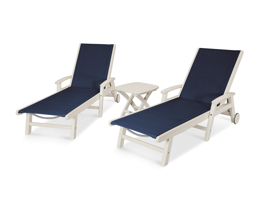 POLYWOOD Coastal 3-Piece Wheeled Chaise Set in Sand / Navy Blue Sling