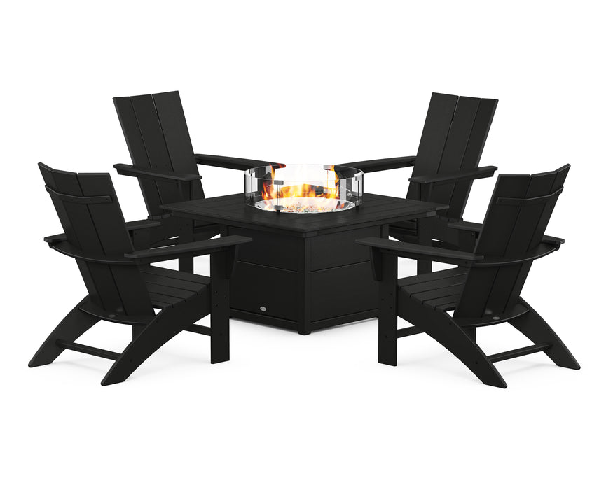 POLYWOOD Modern Curveback Adirondack 5-Piece Conversation Set with Fire Pit Table in Black image