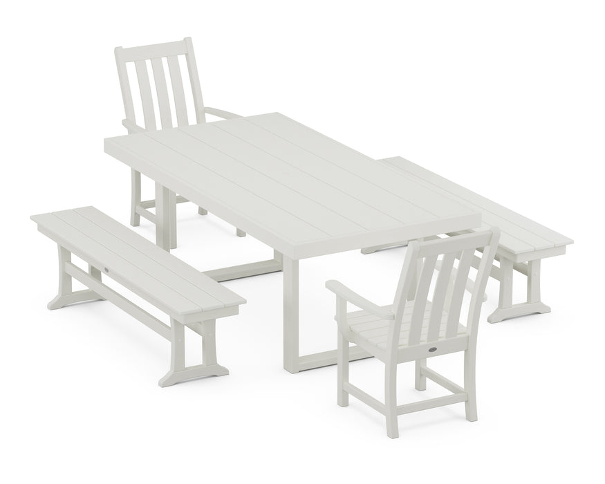 POLYWOOD Vineyard 5-Piece Dining Set with Benches in Vintage White