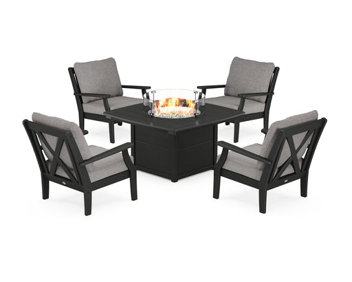 POLYWOOD Braxton 5-Piece Deep Seating Conversation Set with Fire Pit Table in Black / Grey Mist image