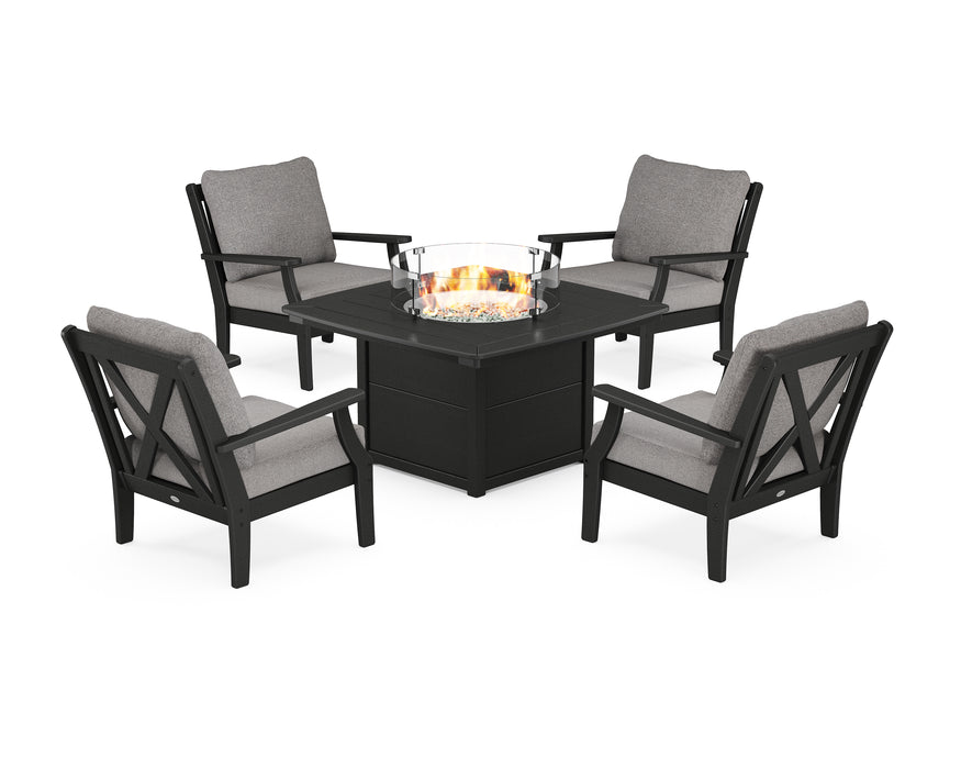 POLYWOOD Braxton 5-Piece Deep Seating Conversation Set with Fire Pit Table in Black / Grey Mist image