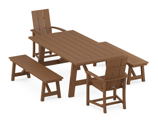 POLYWOOD Modern Adirondack 5-Piece Rustic Farmhouse Dining Set With Benches in Teak image