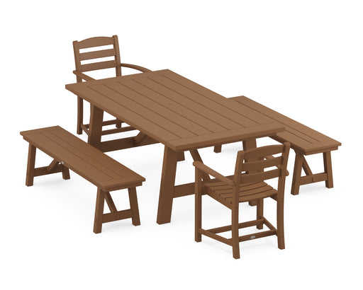 POLYWOOD La Casa Cafe 5-Piece Rustic Farmhouse Dining Set With Benches in Teak image