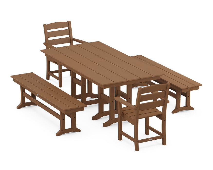 POLYWOOD Lakeside 5-Piece Farmhouse Dining Set with Benches in Teak image