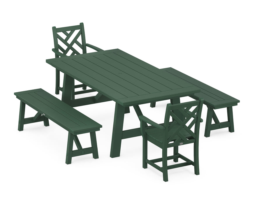 POLYWOOD Chippendale 5-Piece Rustic Farmhouse Dining Set With Benches in Green image