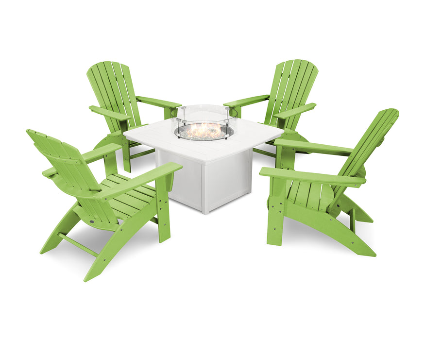 POLYWOOD Nautical Curveback Adirondack 5-Piece Conversation Set with Fire Table in Lime / White image