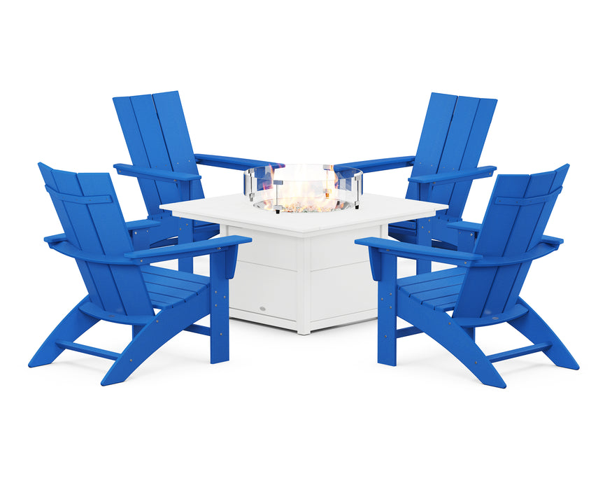 POLYWOOD Modern Curveback Adirondack 5-Piece Conversation Set with Fire Pit Table in Pacific Blue / White image