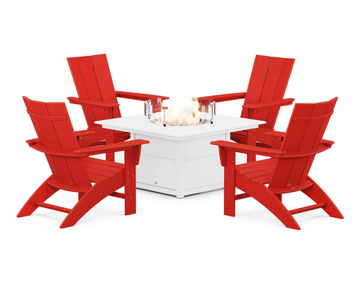 POLYWOOD Modern Curveback Adirondack 5-Piece Conversation Set with Fire Pit Table in Sunset Red / White image