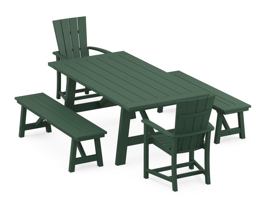 POLYWOOD Quattro 5-Piece Rustic Farmhouse Dining Set With Benches in Green image