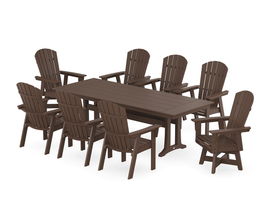 POLYWOOD Nautical Curveback Adirondack Swivel 9-Piece Farmhouse Dining Set with Trestle Legs in Mahogany image