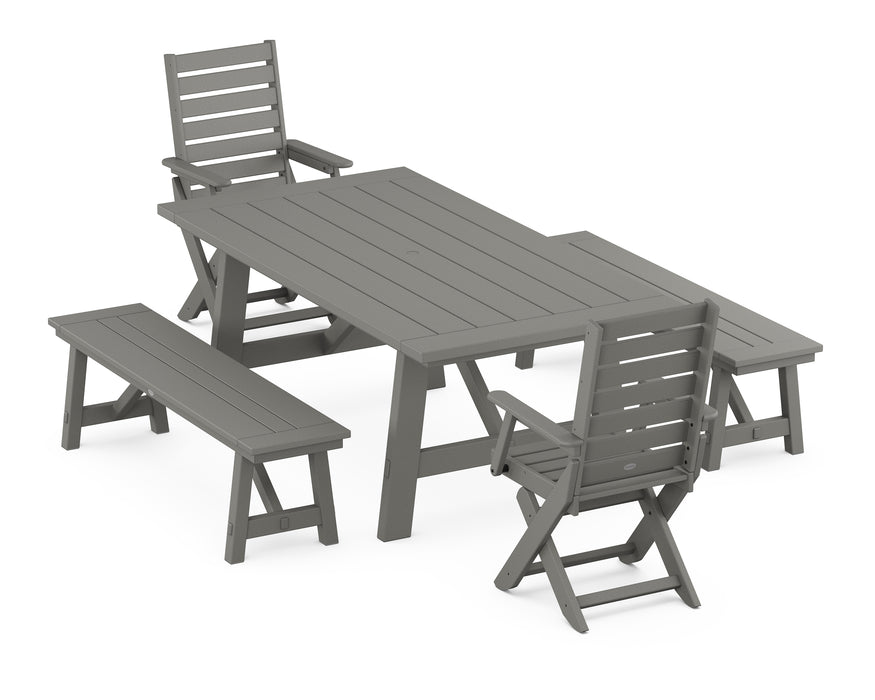 POLYWOOD Captain 5-Piece Rustic Farmhouse Dining Set With Benches in Slate Grey image