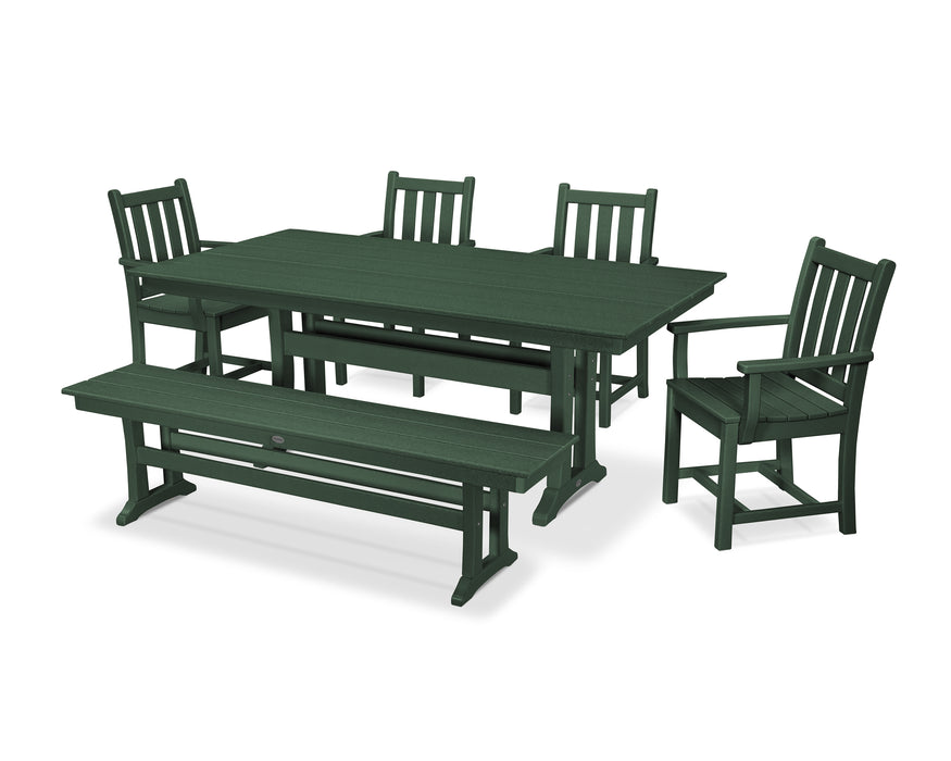 POLYWOOD Traditional Garden Arm Chair 6-Piece Farmhouse Dining Set with Trestle Legs and Bench in Green image