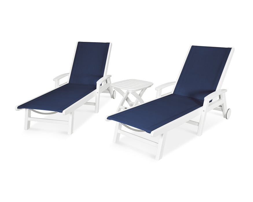 POLYWOOD Coastal 3-Piece Wheeled Chaise Set in White / Navy Blue Sling