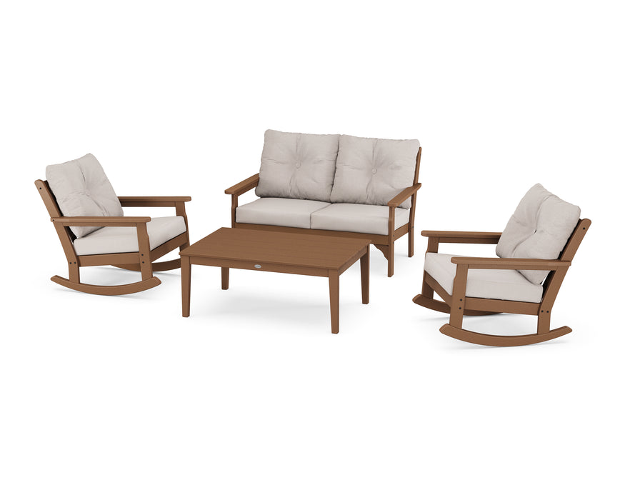 POLYWOOD Vineyard 4-Piece Deep Seating Rocking Chair Set in Teak / Dune Burlap